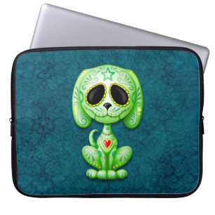 Green Zombie Sugar Puppy Dog on Blue Laptop Sleeve