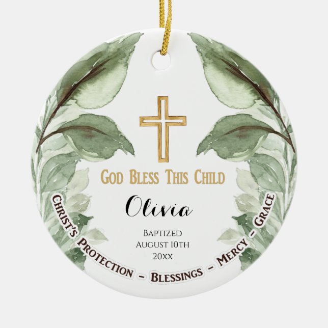 Greenary Personalised Christening Baptism  Ceramic Ornament (Front)