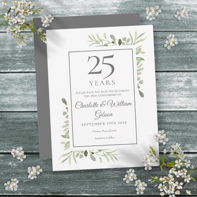 Greenery 25th Wedding Anniversary Save the Date Announcement Postcard (Greenery 25th Wedding Anniversary Save the Date Announcement Postcard)