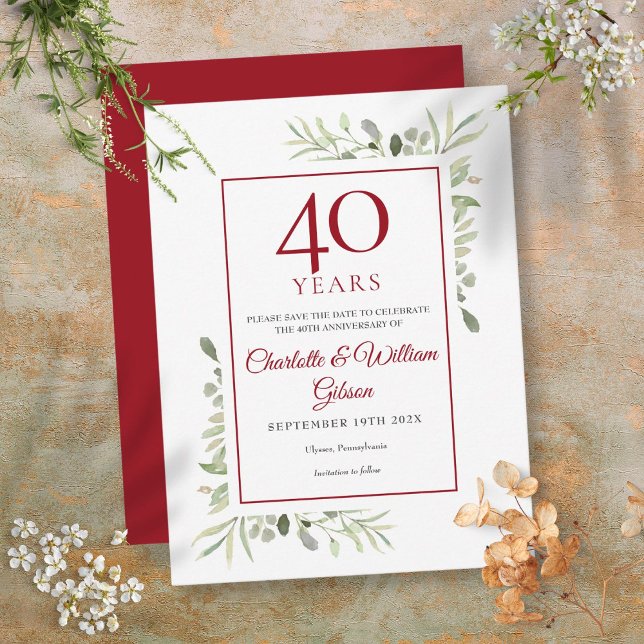 Greenery 40th Anniversary Save the Date Announcement Postcard (Greenery 40th Anniversary Save the Date Announcement Postcard)