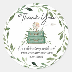 Greenery Adventure Baby Shower Journey Suitcase Classic Round Sticker