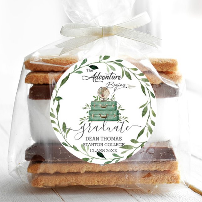 Greenery Adventure Begins Journey Graduation Favou Classic Round Sticker (greenery stacked suitcases adventure begins graduation farewell party round sticker labels favors)