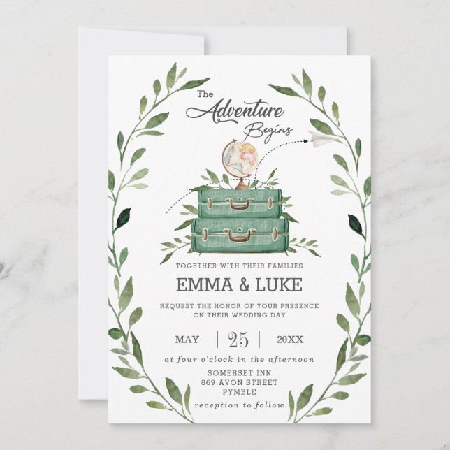 Greenery Adventure Wedding Suitcase Travel Voyage Invitation (Front)