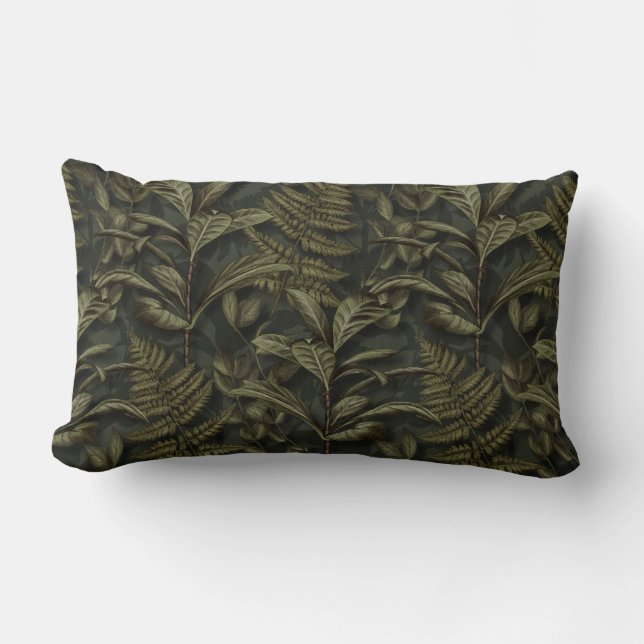 Greenery Aesthetic - Dark Ferns & Leaves Lumbar Cushion (Front)