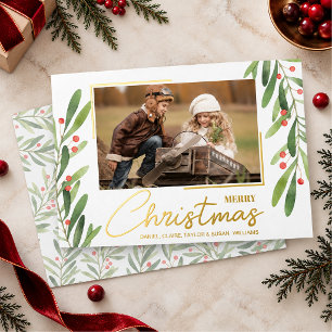 Greenery and Berries Christmas Photo Foil Holiday Card