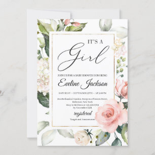 Greenery and blush floral frame gold it's a girl invitation