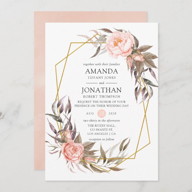 Greenery and Blush Pink Floral Wedding Invitation (Front/Back)