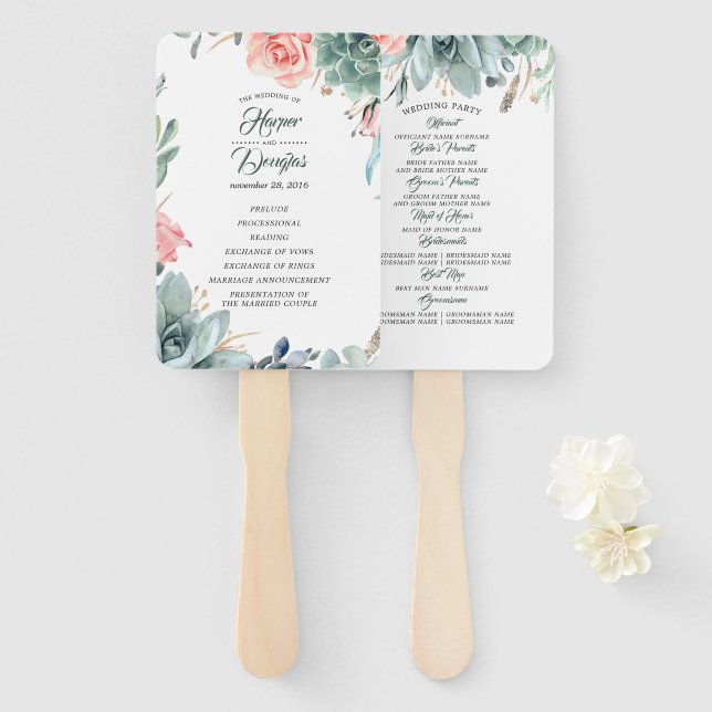 Greenery and Blush Pink Rose Wedding Program Hand Fan (Front and Back)