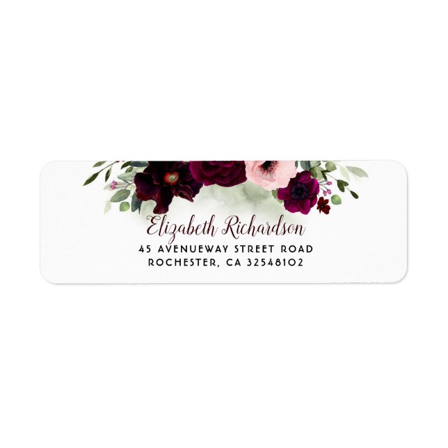Greenery and Burgundy Flowers Wedding Return Address Label (Front)