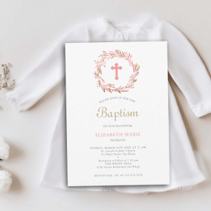 Greenery and Cross Coral Gold Baby Girl Baptism Invitation