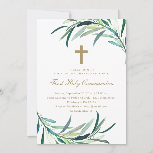 Greenery and Cross First Holy Communion Invitation (Front)
