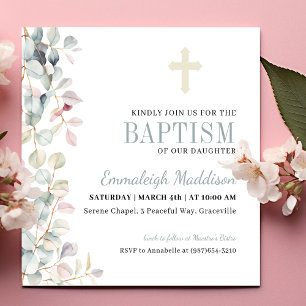 Greenery and Cross Photo Baptism Invitation