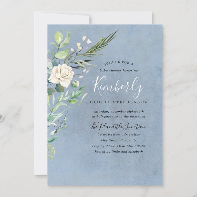 Greenery and Dusty Blue Elegant Baby Shower Invitation (Front)