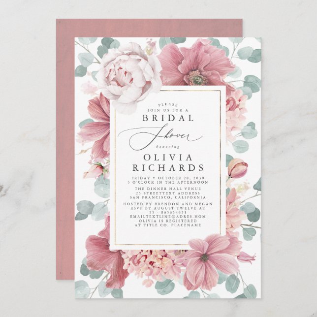 Greenery and Dusty Rose Floral Bridal Shower Invitation (Front/Back)