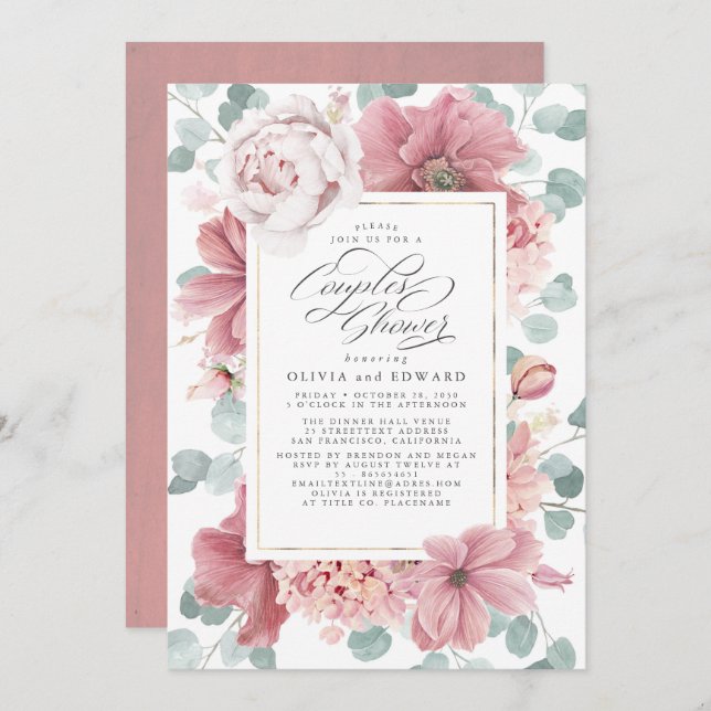 Greenery and Dusty Rose Floral Couples Shower Invitation (Front/Back)