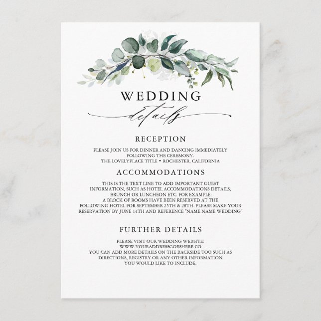 Greenery and Eucalyptus Wedding Information Guest Enclosure Card (Front)