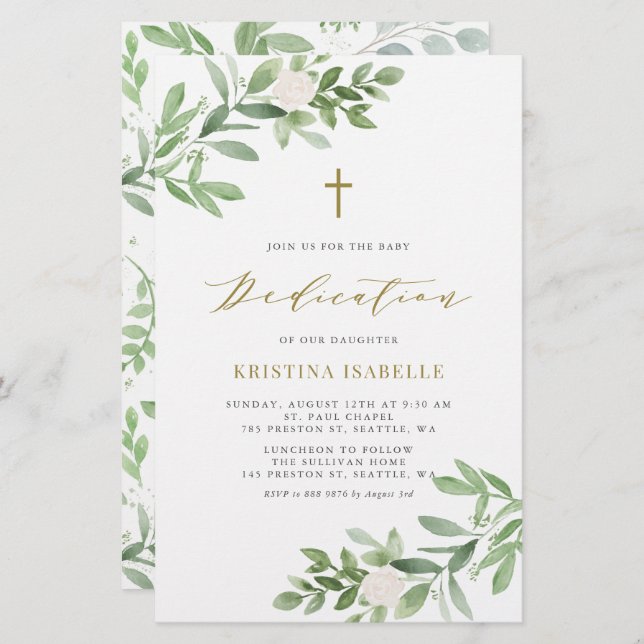 Greenery and Florals Baby Dedication Invitation (Front/Back)