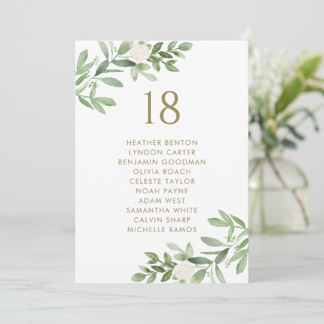 Greenery and Flowers Gold Wedding Seating Chart Announcement (Standing Front)