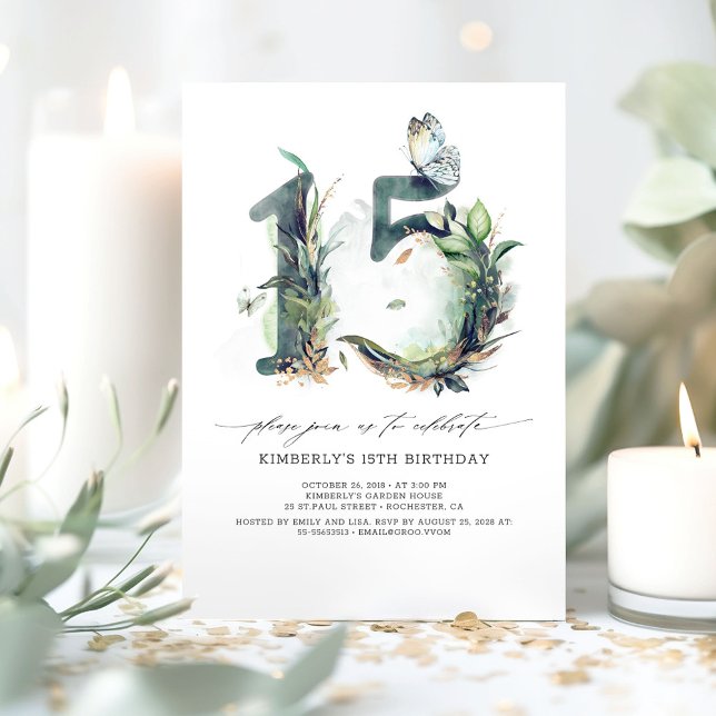 Greenery and Gold 15th Birthday Invitation (Greenery 15th Birthday Invitations )