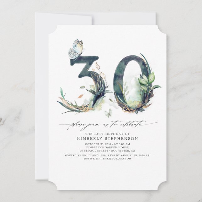 Greenery and Gold 30th Birthday Invitation (Front)