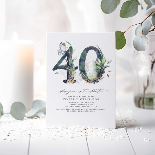 Greenery and Gold 40th Birthday Invitation (Greenery 40th Birthday Invitations)