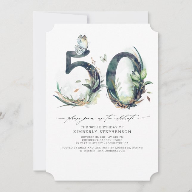 Greenery and Gold 50th Birthday Invitation (Front)