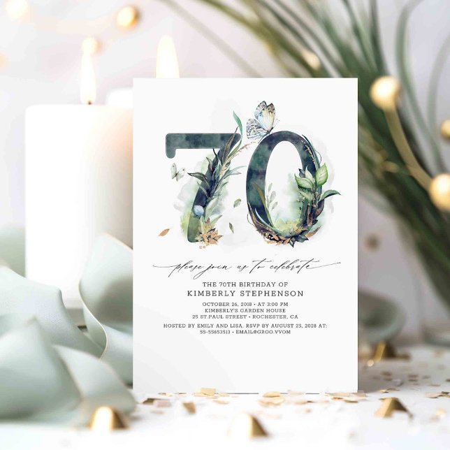 Greenery and Gold 70th Birthday Invitation (70th birthday invitations with beautiful greenery)