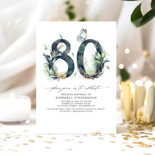 Greenery and Gold 80th Birthday Invitation (80th Birthday Invitations)