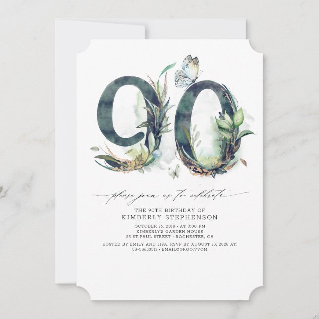 Greenery and Gold 90th Birthday Invitation (Front)