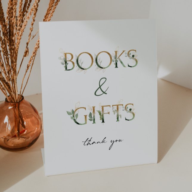 Greenery and Gold Baby Shower Books and Gifts Pedestal Sign (Creator Uploaded)