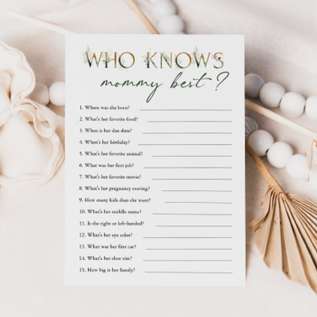 Greenery and Gold Baby Shower Who Knows Mummy Card (Creator Uploaded)