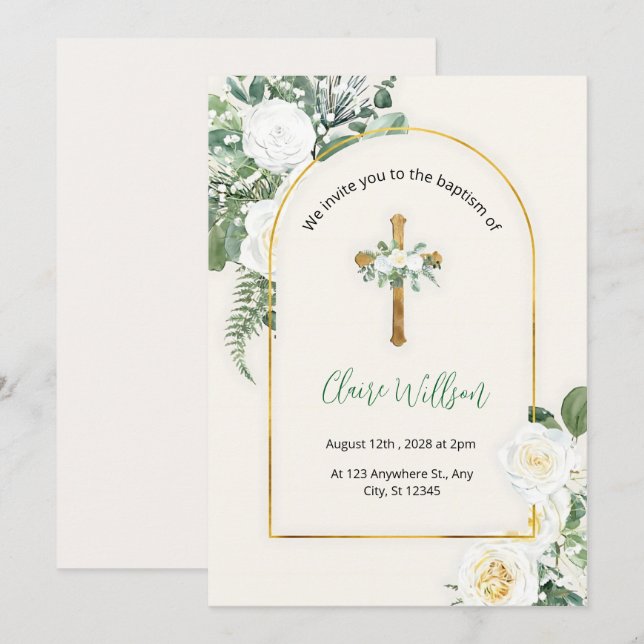 Greenery And Gold Baptism Christening  Invitation (Front/Back)