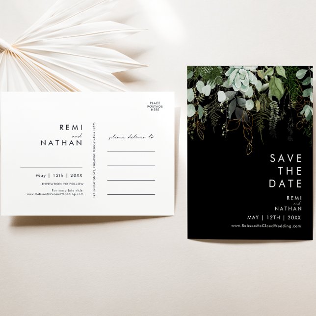 Greenery and Gold Black Save The Date Postcard (Creator Uploaded)