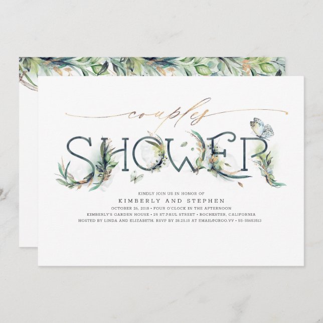 Greenery and Gold Calligraphy Couples Shower Invitation (Front/Back)