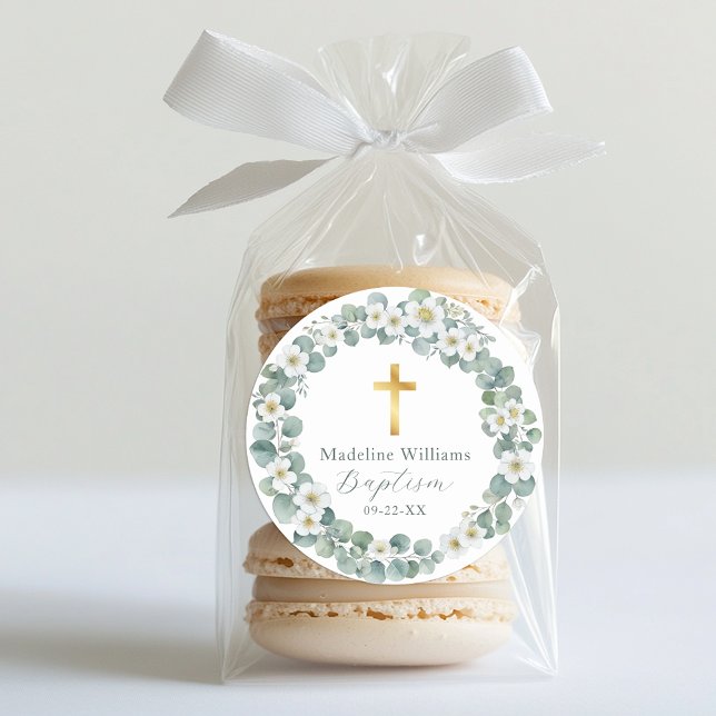 Greenery and Gold Cross Baptism Sticker | Elegant  (Baptism Sticker Favor)