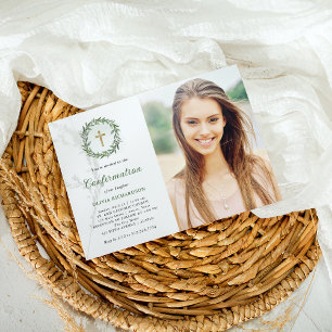 Greenery and Gold Cross Photo Confirmation Invitation