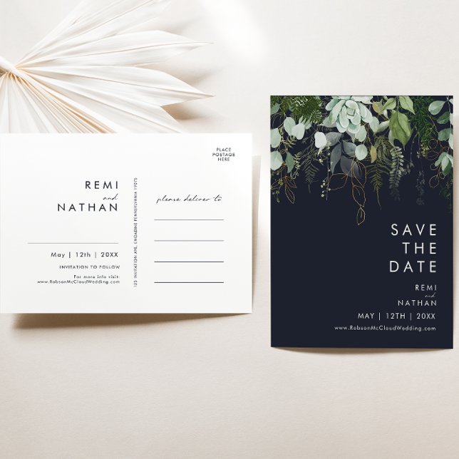 Greenery and Gold Dark Navy Save The Date Postcard (Creator Uploaded)