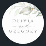 Greenery and Gold Elegant Romantic Wedding Classic Round Sticker<br><div class="desc">Greenery and gold wedding stickers</div>