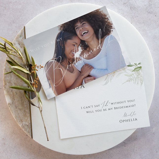 Greenery and Gold Faded Photo Bridesmaid Card (Creator Uploaded)