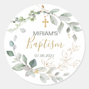 Greenery and gold foliage Baptism Classic Round St Sticker