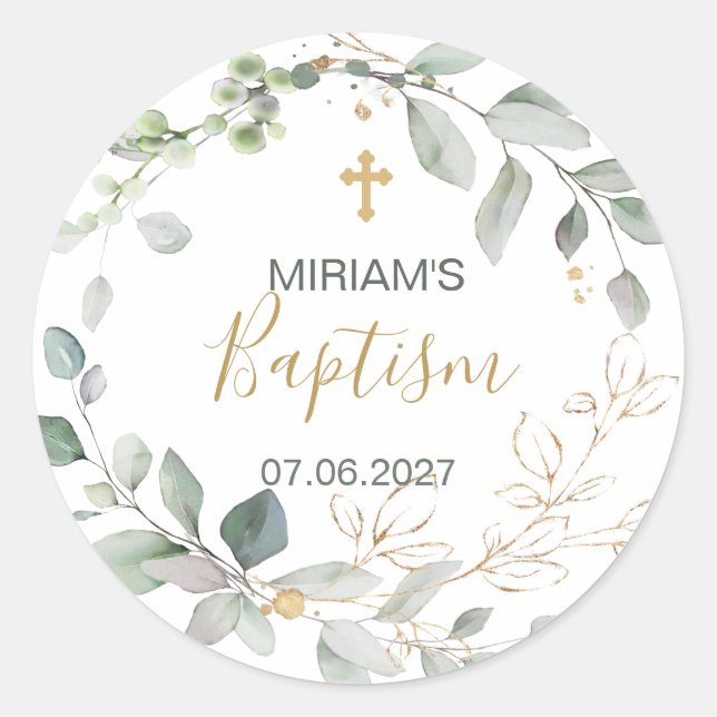 Greenery and gold foliage Baptism Classic Round Sticker (Front)
