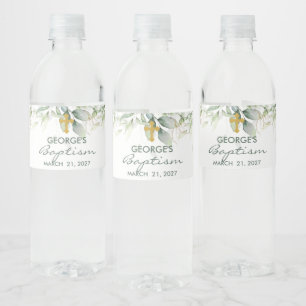 Greenery and gold foliage Baptism Water Bottle Label