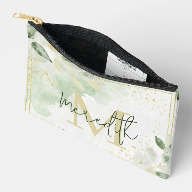Greenery and gold frame personalised accessory pouch (Open)