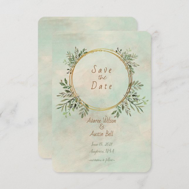 Greenery and Gold Geometric Frame Save The Date (Front/Back)