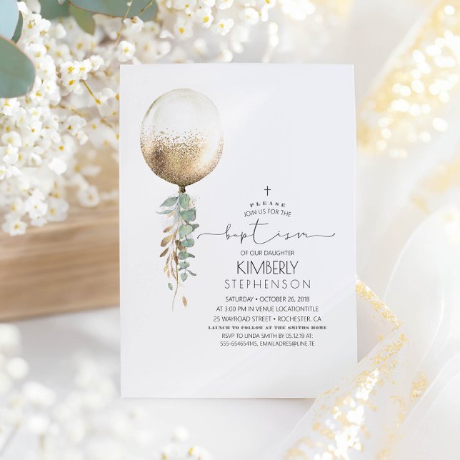 Greenery and Gold Glitter Balloon Elegant Baptism Invitation (Greenery Baptism Invitation)