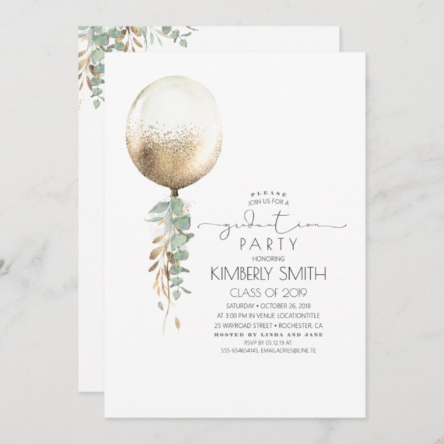 Greenery and Gold Glitter Balloon Graduation Invitation (Front/Back)