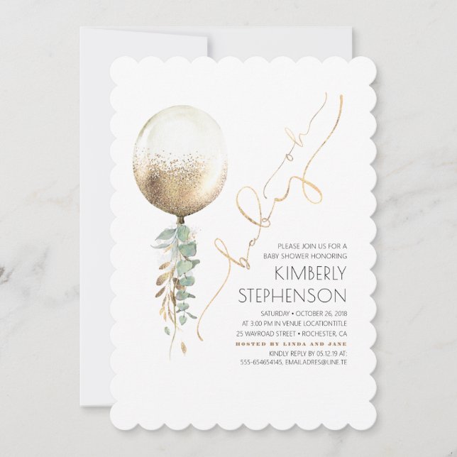 Greenery and Gold Glitter Balloon Oh Baby Shower Invitation (Front)