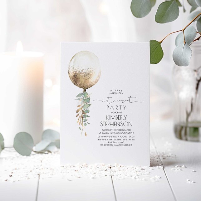 Greenery and Gold Glitter Balloon Retirement Party Invitation (Gold Balloon and Greenery Minimalist Retirement Party Invitations)