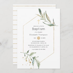Greenery and Gold Glitter Geometric Baptism Invitation
