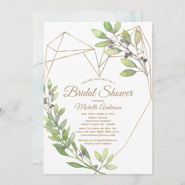 Greenery and Gold Heart Bridal Shower Invitation (Front/Back)